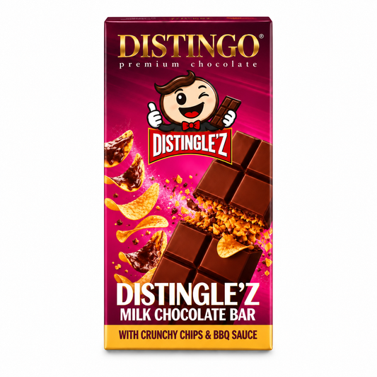 Distingo Premium Chocolate Distingle'z Milk Chocolate Bar with Crunchy Chips & BBQ Sauce 140g