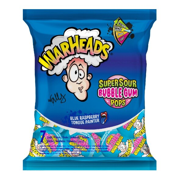 Warheads Super Sour Bubble Gum Pops  Blue Raspberry 105g